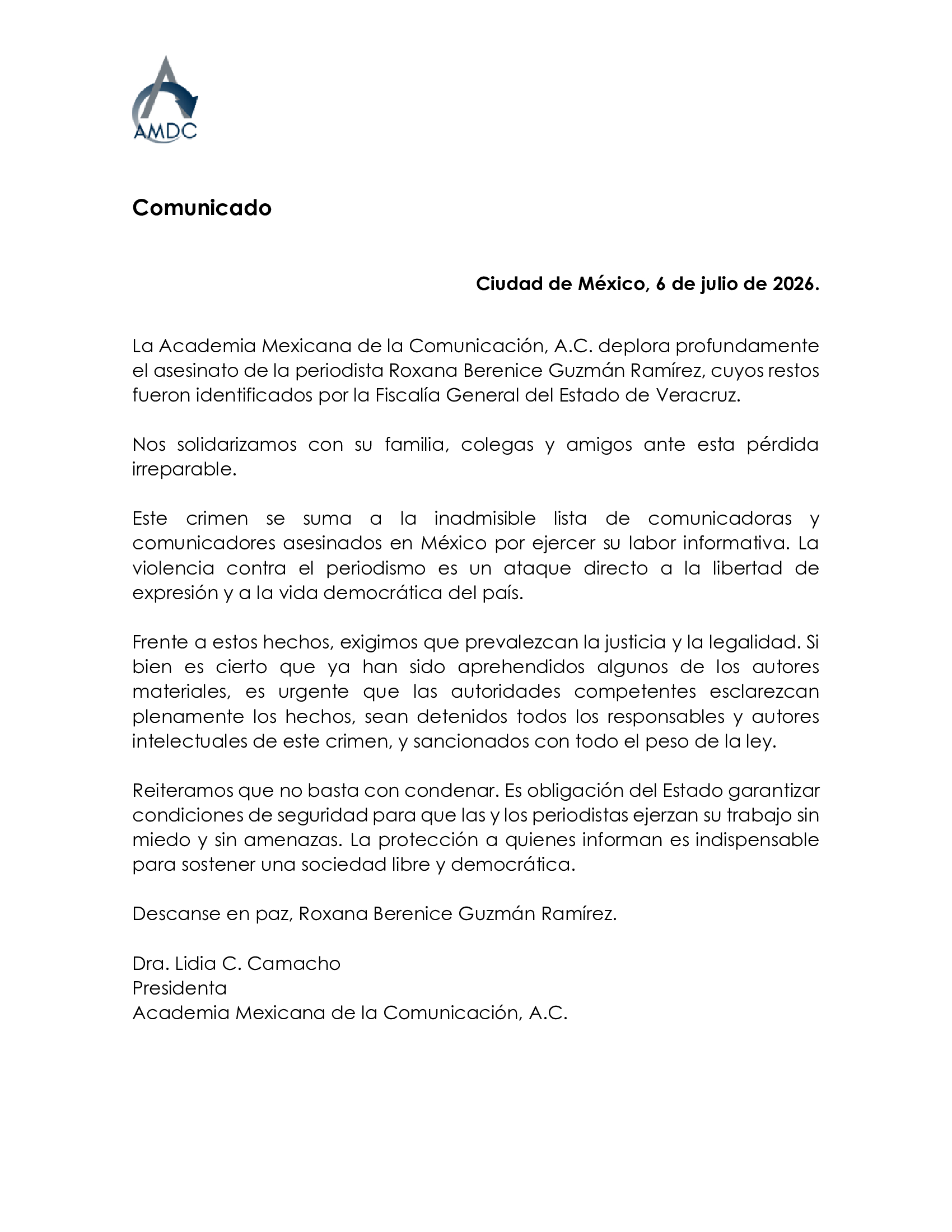 La AMDC condena el asesinato de la periodista Roxana Berenice Guzmán Ramírez