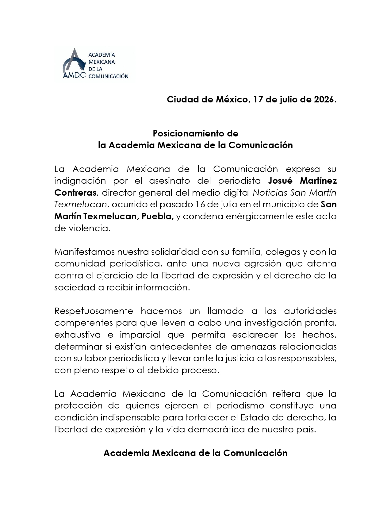 La Academia Mexicana de la Comunicación condena el asesinato del periodista Josué Martínez Contreras