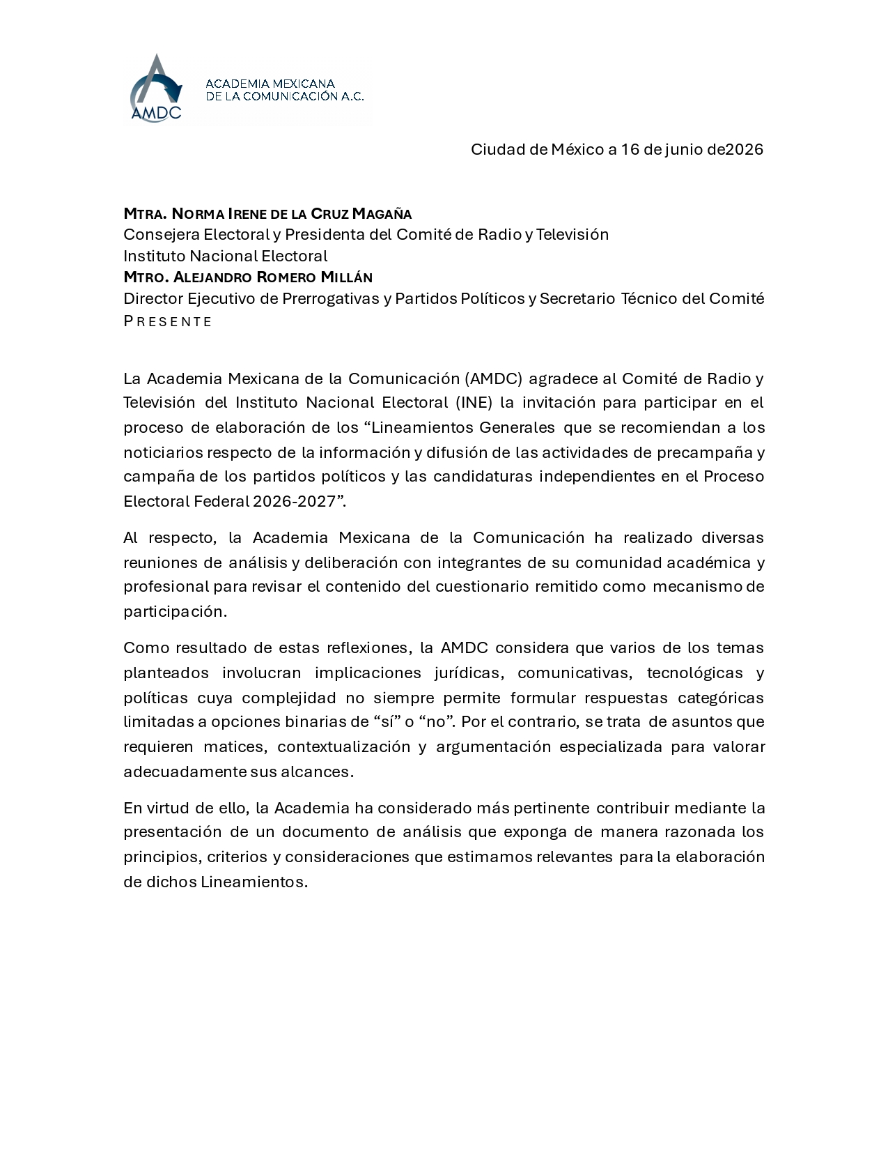 AMDC expresa su postura sobre los lineamientos del INE para noticiarios en el Proceso Electoral Federal 2026-2027